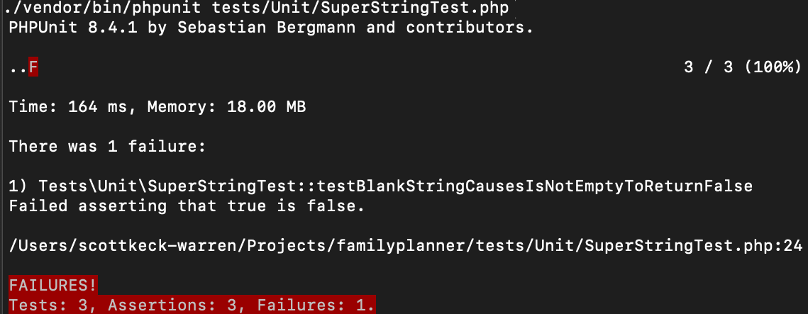 Figure 1: Red Phase Output from PHPUnit